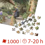 Puzzle adulti Peder Mørk Mønsted - An Old Woman Watering the Flowers Behind the Thached Farmhouse - 1000 Piese-34316