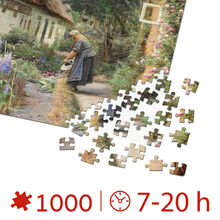 Puzzle adulti Peder Mørk Mønsted - An Old Woman Watering the Flowers Behind the Thached Farmhouse - 1000 Piese-34316