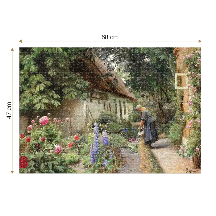 Puzzle adulti Peder Mørk Mønsted - An Old Woman Watering the Flowers Behind the Thached Farmhouse - 1000 Piese-34319